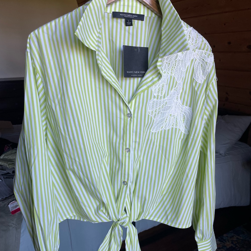 Marc New York Green and White Striped Top